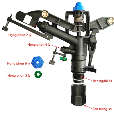 Béc tưới cánh đập 2 tia chỉnh góc xoay 360 độ ren trong 34mm BB-9150
